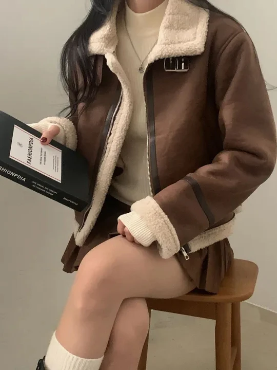 Retro Korean Sle Suede Motorcycle Jaet Women's Loose Casual Faionable Cotton Outerwear Spring Autumn Winter