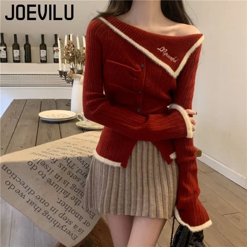 Christmas Off Shoulder Red Sweater Slim Fit Short Knitted Lining