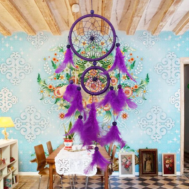 Attrape-rêves en plumes violettes à Double anneau, décoration murale  suspendue pour maison, voiture, ornement artisanal, porche, couloir,  décorations de jardin et de maison - AliExpress