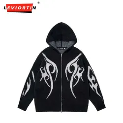 Cardigan Sweater Coat Streetwear Hip Hop Knitted Pattern Double Zipper Hooded Sweaters 2024 Harajuku Fashion Loose Jumper Coats