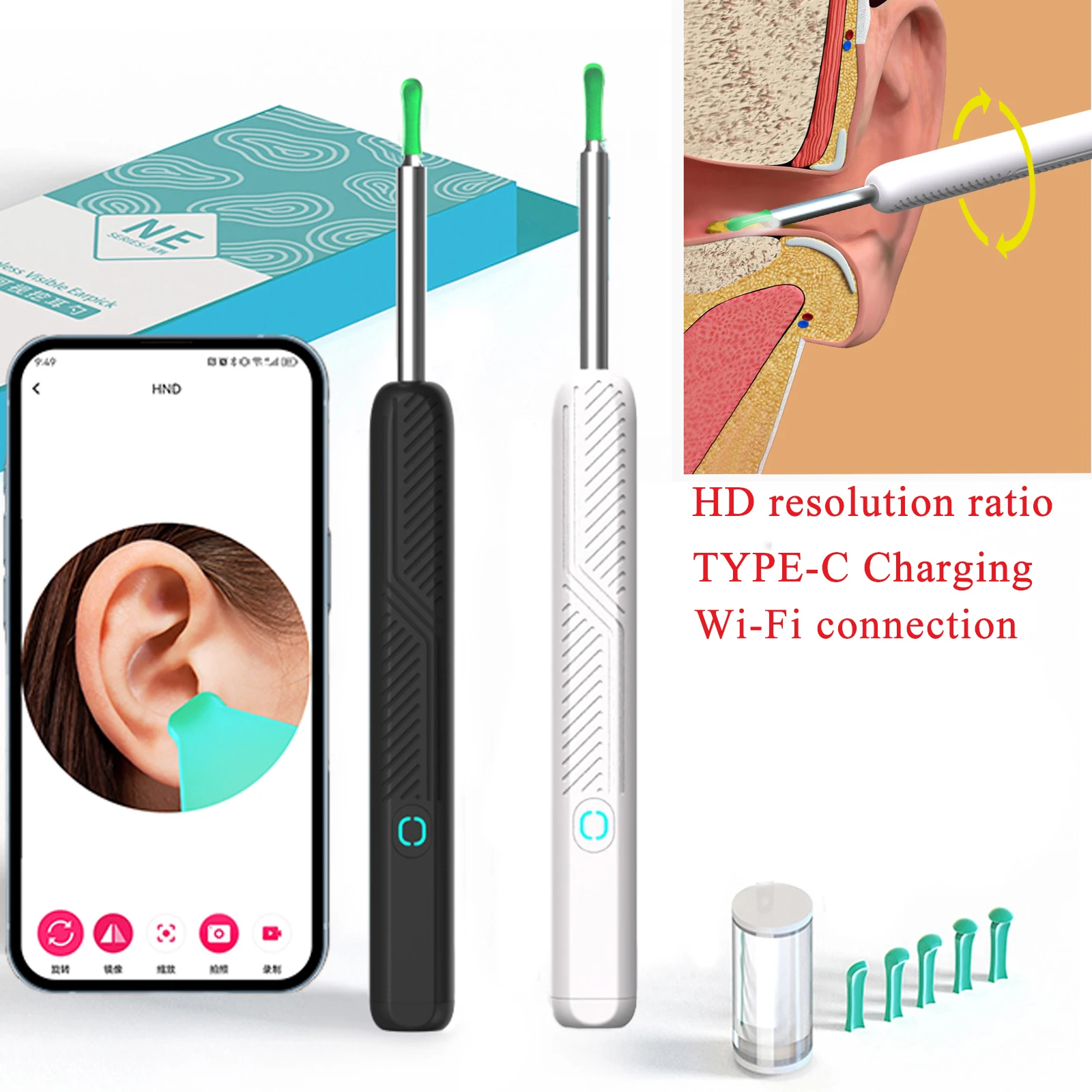Wireless WiFi Ear Cleaner HD Camera LED Otoscope Ear Wax Removal USB-C Rechargeable Smart Visual Picker Borescope ear cleaner