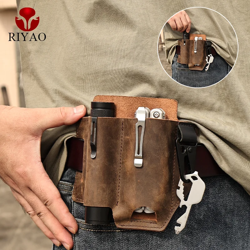 RIYAO Vintage Knife Pouch Sheath Genuine Leather Belt Clip Waist