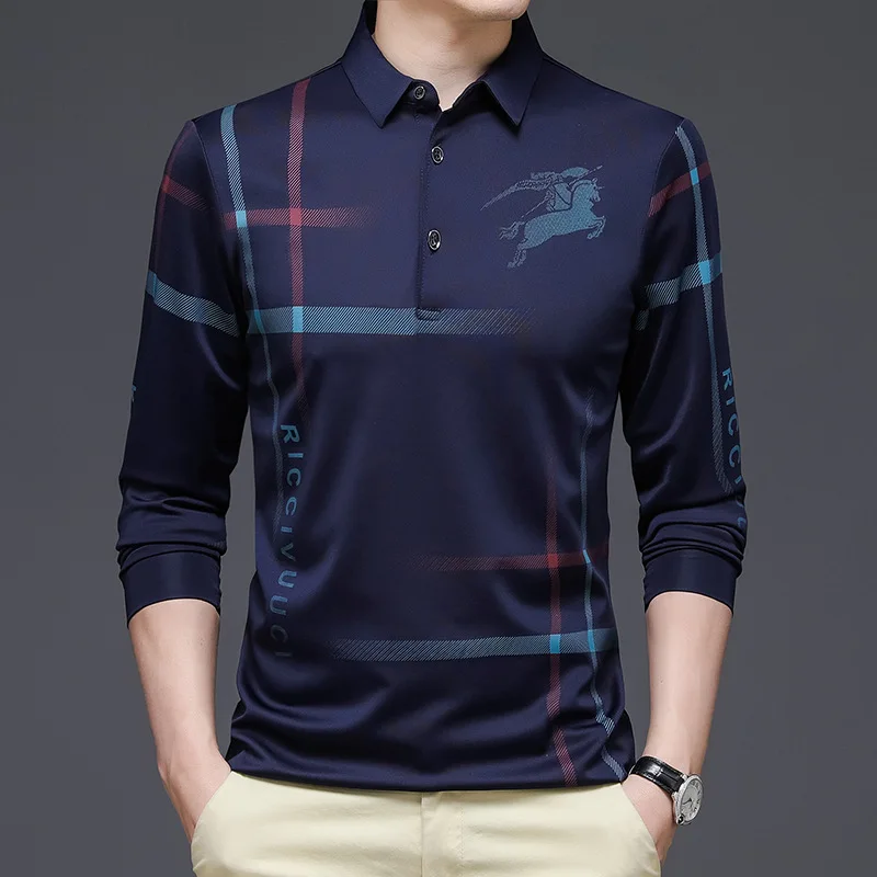 

Spring and Autumn Men's Pullover Collar Button Letter Stripe Animal Print Long Sleeve T-shirt Polo Bottom Fashion Formal Tops