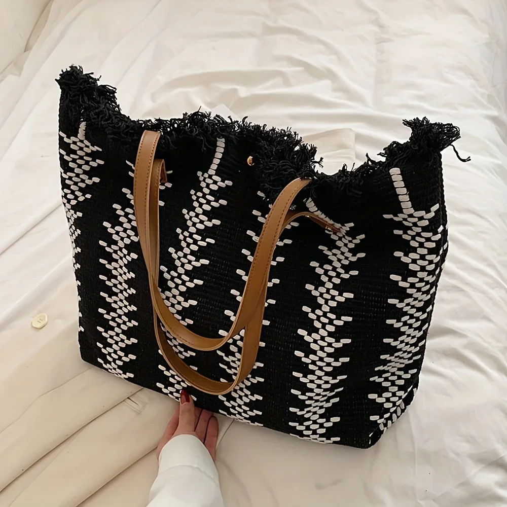 Chic Striped Canvas Tote Bag with Fringe Detail - Spacious Shoulder Handbag for Beach & Shopping, Machine Washable