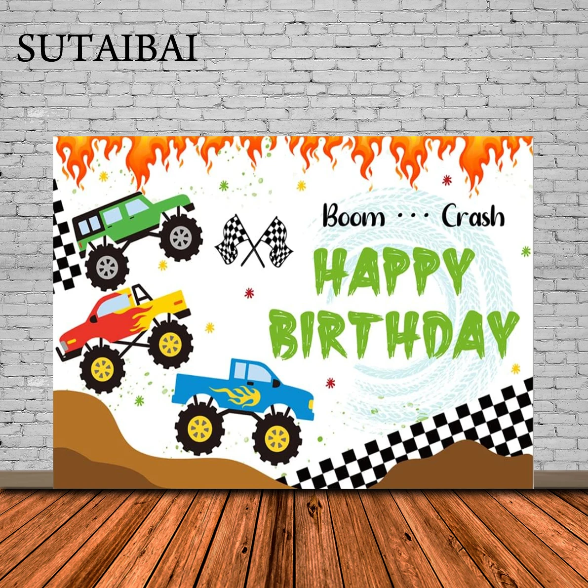 Cartone Camion Happy Birthday Party Fondale Monster Boys Kids Happy Birthday Background Jam Burning Flame Car Grave Digger Party