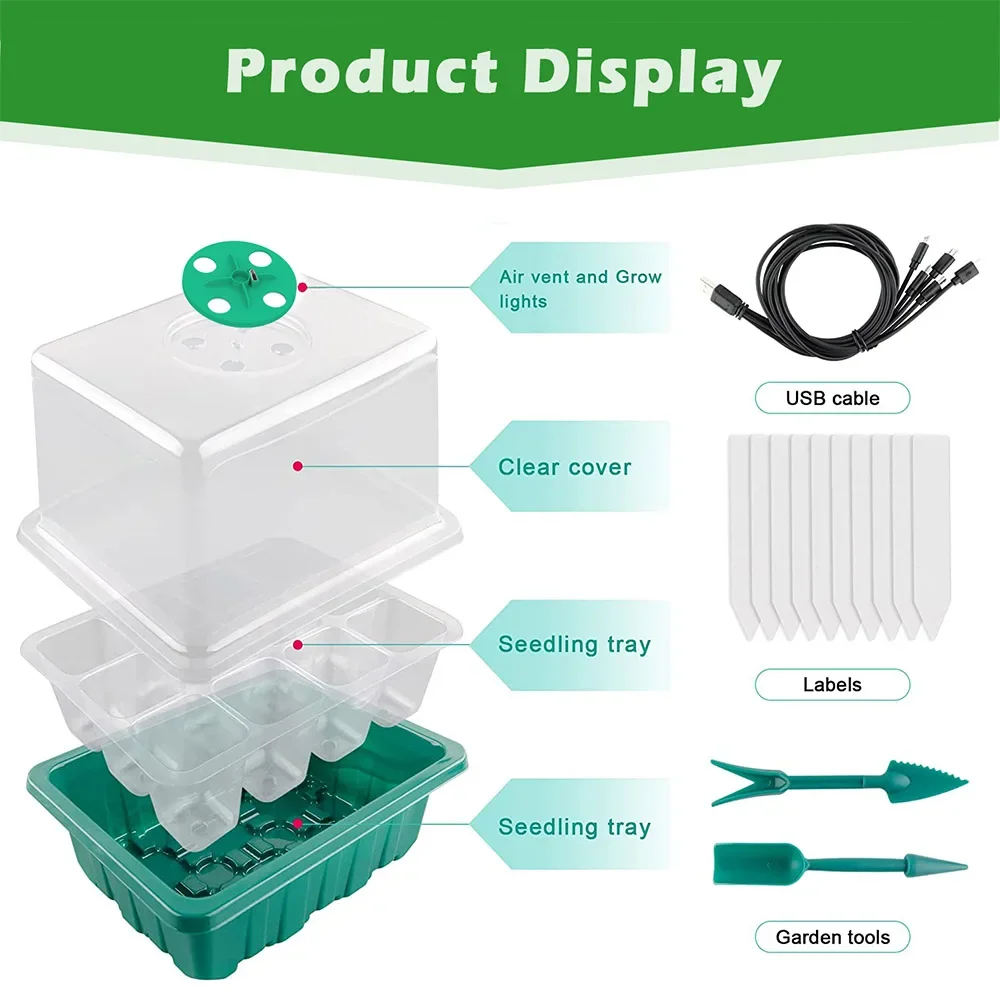 Full Spectrum LED Grow Light with Seedling Tray Plant Seed Starter Trays Greenhouse Growing Trays with Holes 12 Cell Per Tray