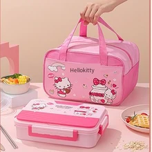  Kawaii Sanrio Hello Kitty Cartoon Children's 304 Stainless Steel Lunch Box Cute Student Special Bento Box Portable Tableware Set 