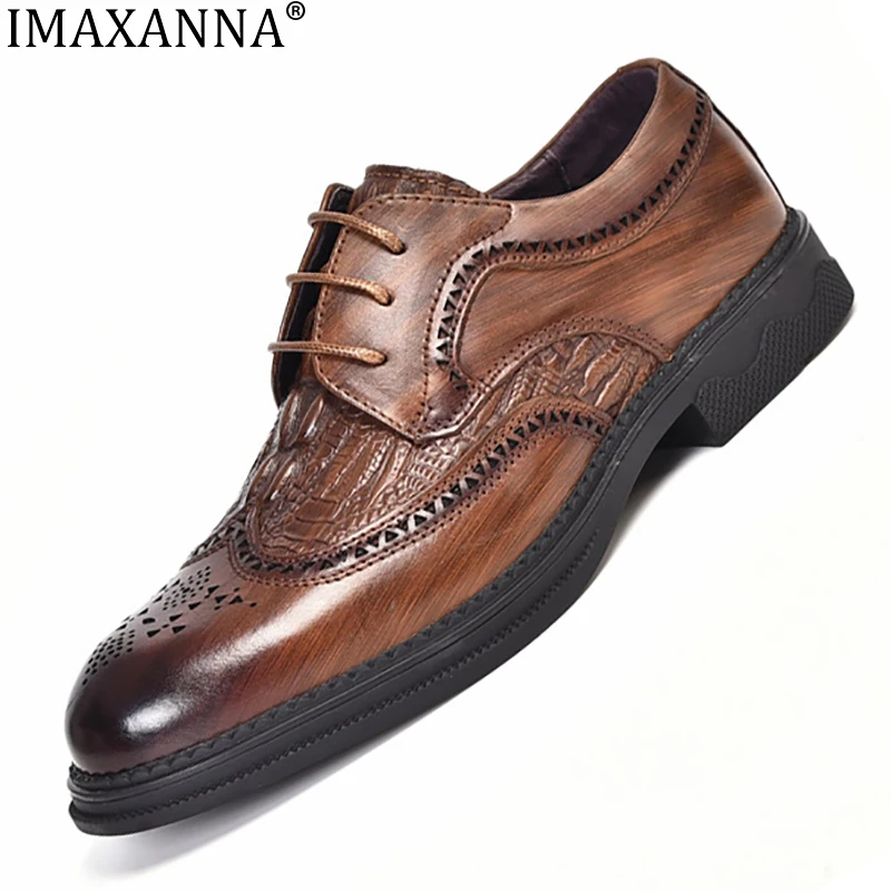 

IMAXANNA Men's Shoes New Fashion In Autumn Crocodile Embossed Leather Lace Up Leather Shoes Business First Layer Cow Leather