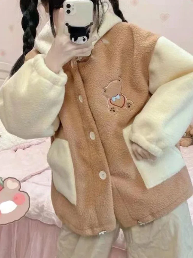 

Japanese Lolita Kawaii Wool Coat Women Loose Korean Casual Coat Warm Winter Autumn 2024 Pockets Sweet Cute Hooded Jacket Female