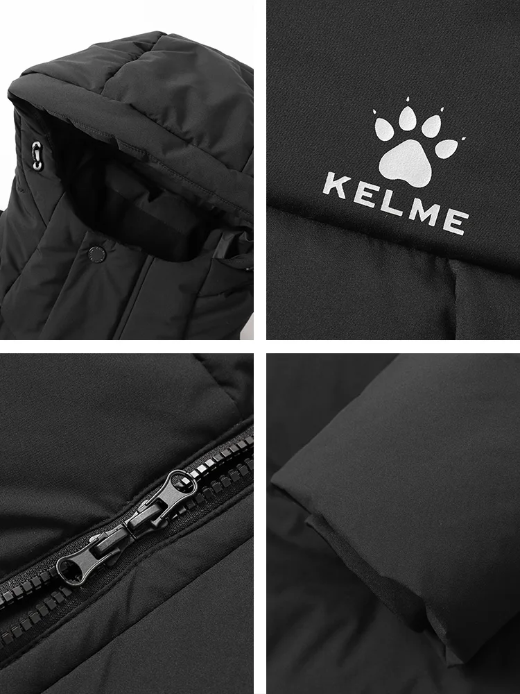 Kelme Extended Down Jacket Winter Hooded Sports Thick Warm Coat Outdoor Windproof Jacket Snow Proof Cotton