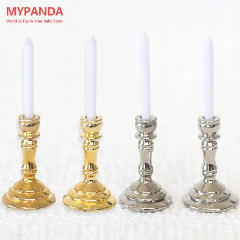

New 1Pair 1:12 Dollhouse Miniature Candle Holder Candlestick Candelabra Model Home Decor Toy Doll House Accessories Height 4cm