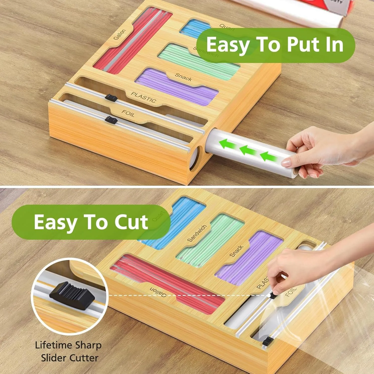 Bag Storage Organizer for Kitchen Drawer, 6 in 1 Foil and Plastic Wrap Dispenser with Cutter, Bamboo Plastic Baggie Organizer ﻿ 5