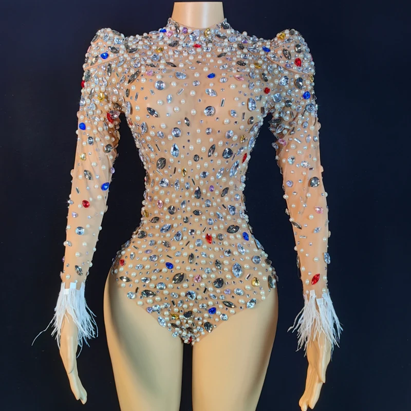 

Colorful Rhinestones Bodysuit Sexy Perspective Mesh Gogo Costume Women Stage Clothes Nightclub Ds Dj Festival Outfit SL7299