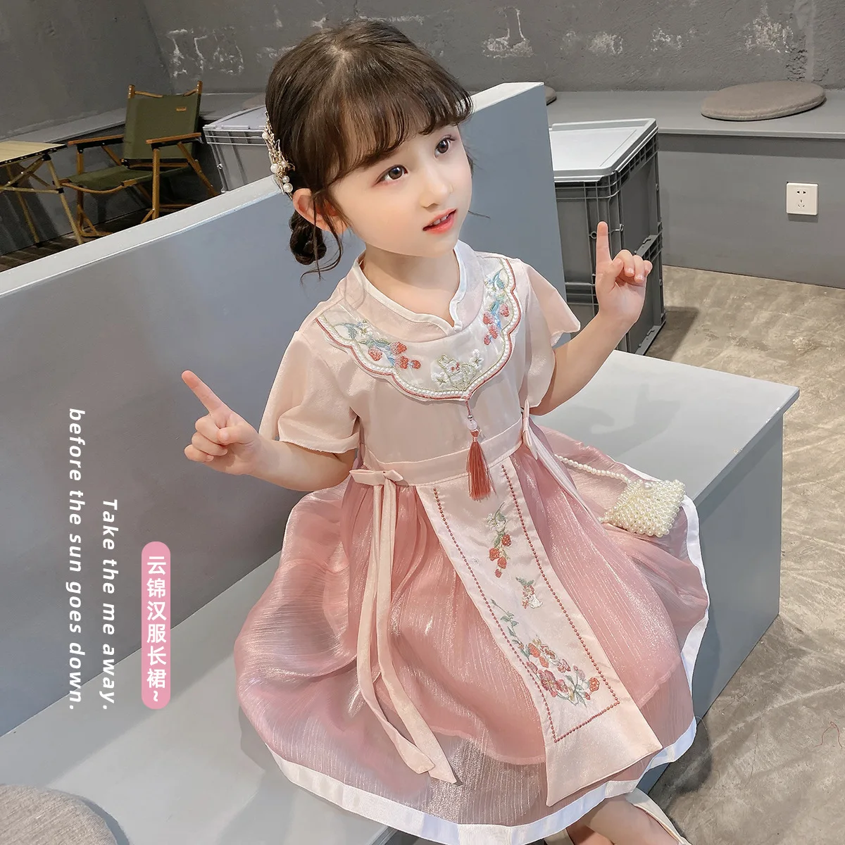 

2022 Summer Cute and Sweet Ancient Costume Hanfu Dress Summer Short-sleeved Pink Printed Skirt Breathable Hanfu Girls Skirt