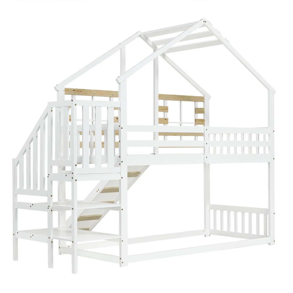 90x200cm Etagenbett, Holzbett mit Treppe und Gitter, mit Rutsche und Fenster, Holzhaus mit Absturzsicherung, Massivholzrahmen – Detail 21