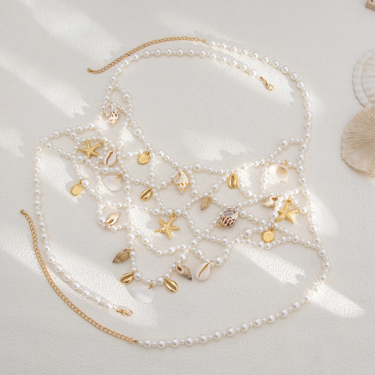SHIXIN Hollow Net-like Imitation Pearl Chest Chain Waist Chain Summer Beach Conch Starfish Pendant Tassel Bikini Body Jewelry