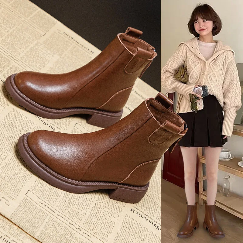 

New autumn and winter soft soled British style boots retro Martin boots women's plush thick leather brown cowhide short boots
