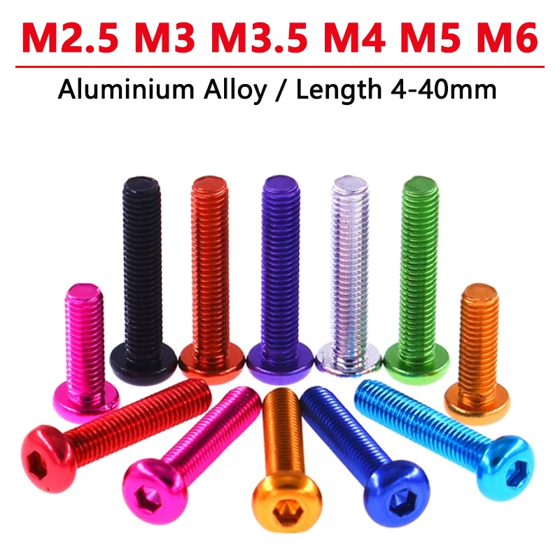 

10pcs M2.5 M3 M3.5 M4 M5 M6 Round Head Hexagon Socket Screws Pan Button Head Allen Bolt Aluminium Alloy Anodizing Length 6-40mm