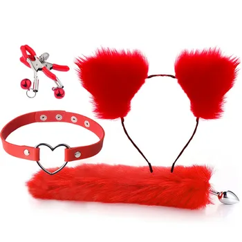 Cute Fox Tail Anal Plug Cat Ears Headbands Set Adult Games Nipple Clip Neck Collar Erotic Cosplay Sex Toys For Women Men 6