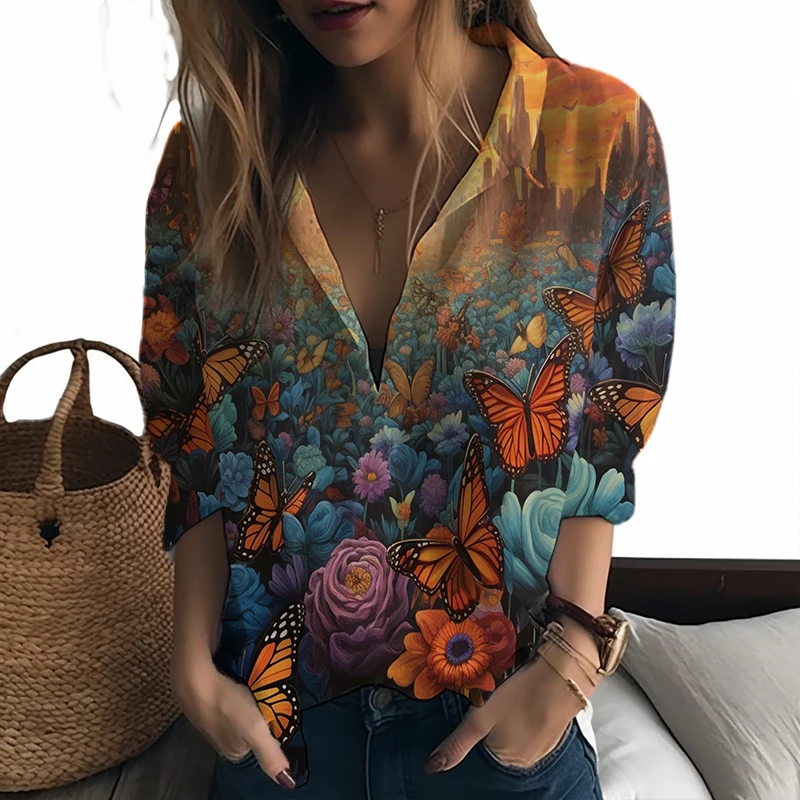 

New Spring Butterfly 3D Print Women Shirt Fashion Beautiful Streetwear Harajuku Casual Women's Long Sleeved Shirt Clothing