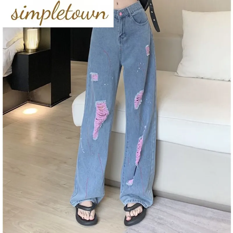 Jeans for Women with Torn Holes 2023 Spring/Summer New High Waist Slim Loose Casual Straight Leg Wide Leg Pants Trend