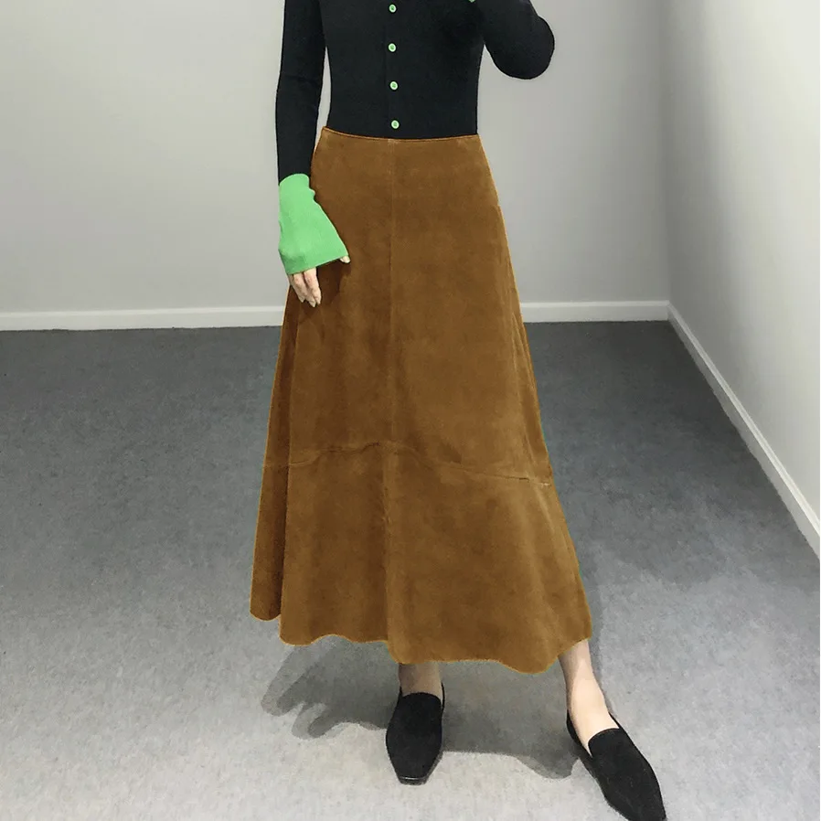 2023 New Genuine Sheep Leather Skirt High Waist Real Kid Suede Sheepskin Umbrella Skirt E45