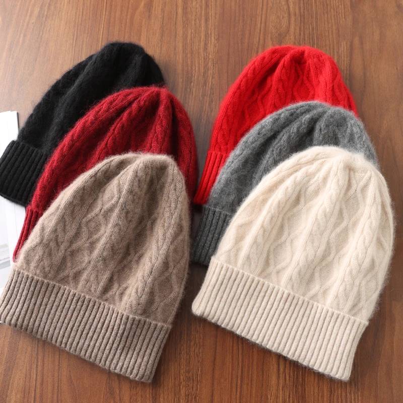 100%Pure Wool Women's Winter Hat Warm Soft Woollen Caps Knitted Bonnet y2k Rhombus Beanies For Lady Skullies Cap Turbans 4