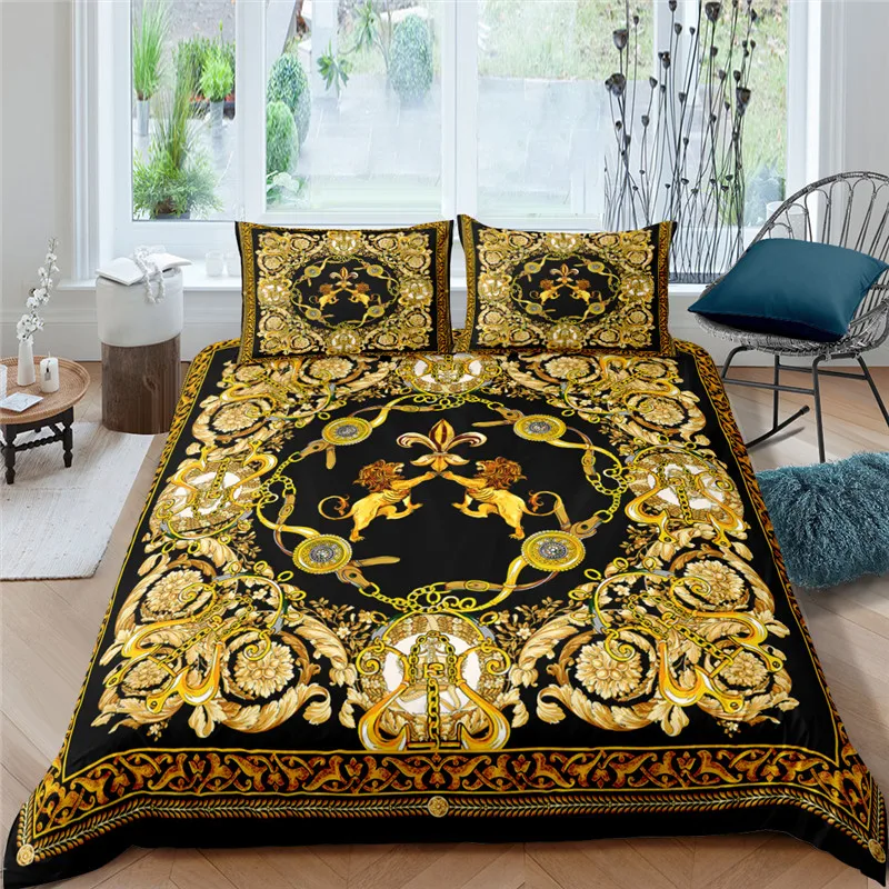 Gold Baroque Chain Lion Bedding Set Luxury Duvet Cover with