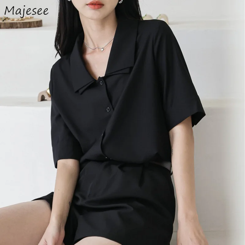 

Рубашка женская с коротким рукавом, модная универсальная простая Классическая Удобная уютная блузка в стиле Харадзюку, с отложным воротником, в стиле Ins, черная, на лето
