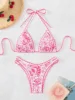 Sexy Pink Floral Print Micro Bikini 2025 Women Halter Push Up Bra Hollow Out Thong Swimwear Summer Bathing Suit Holiday Swimsuit