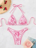 Sexy Pink Floral Print Micro Bikini 2025 Women Halter Push Up Bra Hollow Out Thong Swimwear Summer Bathing Suit Holiday Swimsuit
