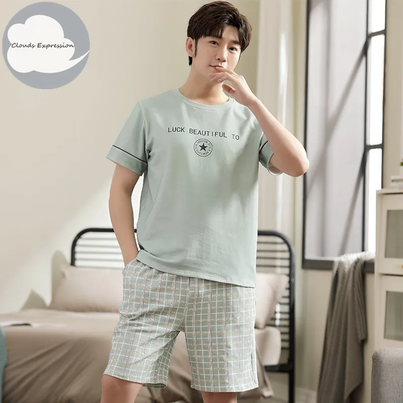 Summer New Knitted Cotton Short Sleeve Men Pajamas Sets Male Pajama Set Letter Pajama For Men Sleepwear Suit Homewear Size XXXXL mens silk pajamas short set Men's Sleep & Lounge