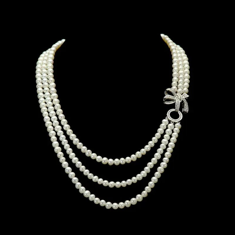 

New 7-8mm white freshwater pearl micro inlay zircon buckle accessories pendant necklace long 45-50cm