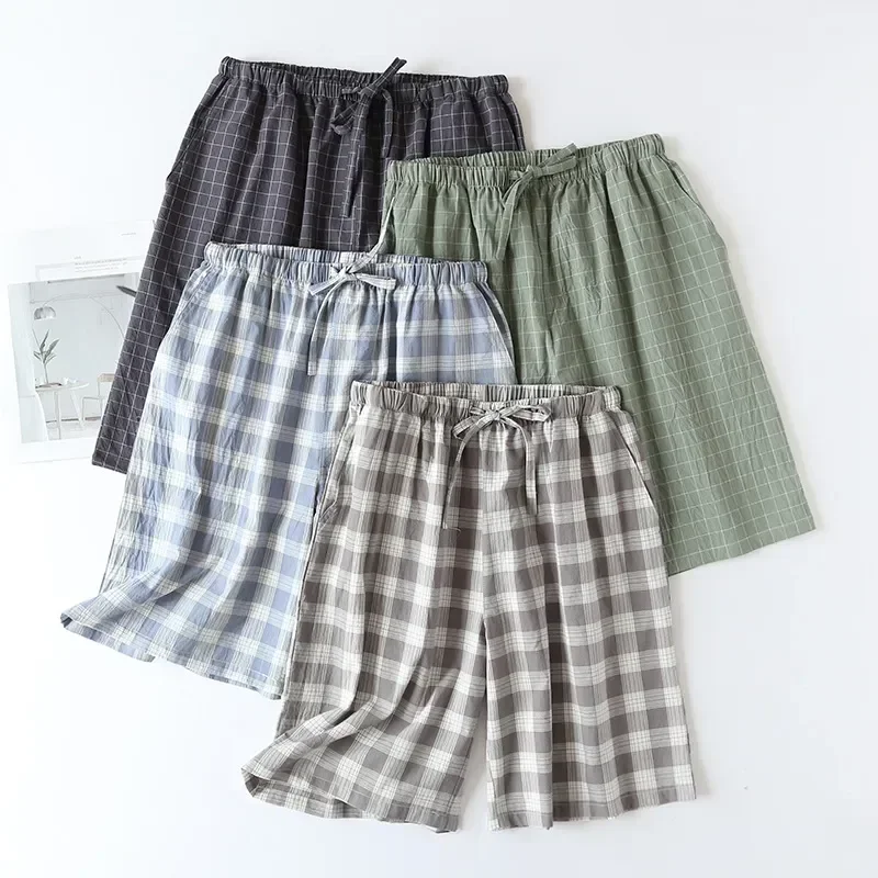 

Thin Design Pj Double-layer Cotton Wear Shorts Lounge Men for Homewear Summer Checkered Sleepwear Pants Plaid Loose Pajama