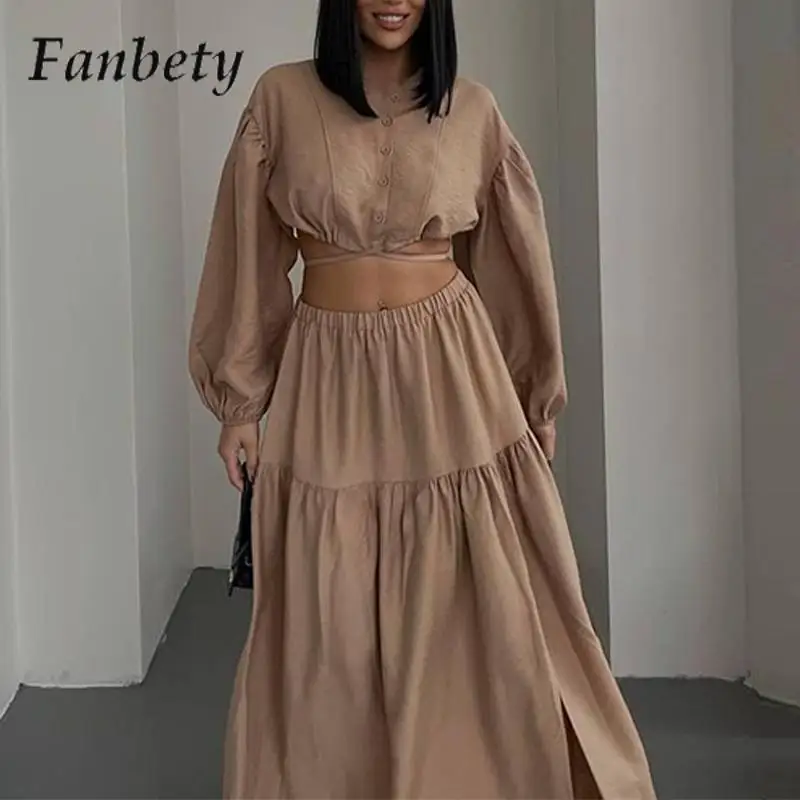 

women's Elegant Solid Color High Waist Split Two-Piece Set Sexy Hollow Splicing Long Dress Fashion Stand-Up Collar Button Set