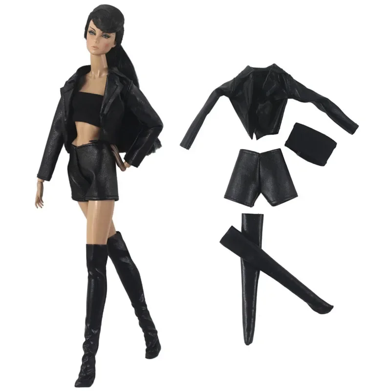 Black Leather 1/6 BJD Doll Clothes For Barbie Outfits Set Coat Jacket Tank Top Boots Shorts 11.5