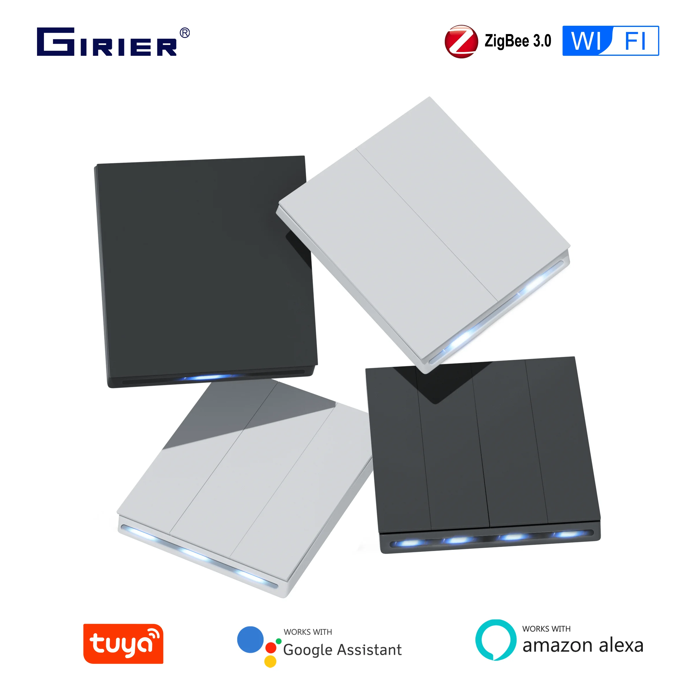 GIRIER Tuya สมาร์ท ZigBee สวิตช์ผนัง WiFi สมาร์ทปุ่มสวิทช์ไฟ 1/2/3/4 GANG ไม่ต้องใช้ตัวเก็บประจุทํางานร่วมกับ Alexa เฮ้ Google 1