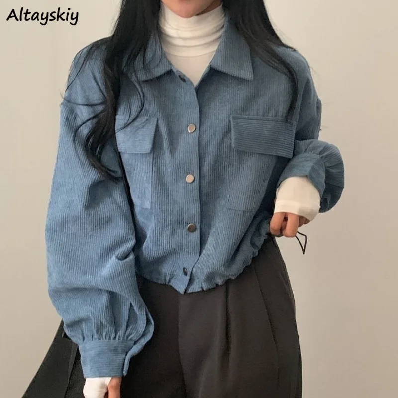 

Long Sleeve Shirts Women Corduroy Korean Baggy All-match Tops Outwear Streetwear Harajuku Teens Preppy BF Pockets Versatile Ins