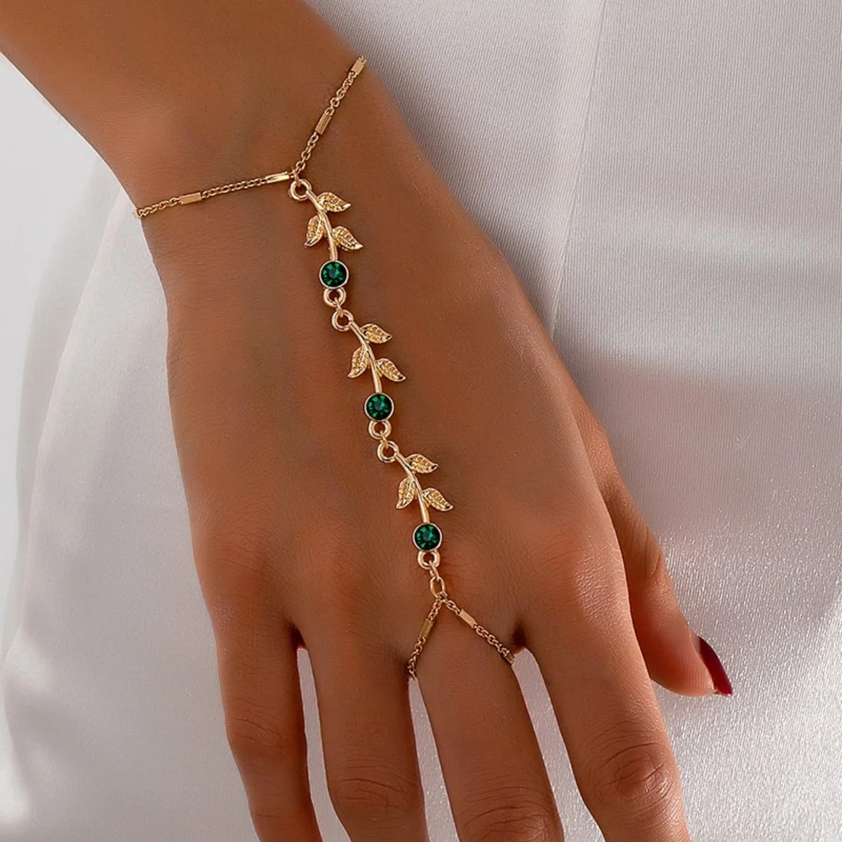 Trendige Metall-Armbänder mit Blätter- und Zweigmotiven für Damen und Herren, grüner Zirkon, imitierte Perlen, Pflanzenring, Armreif, Schmuck