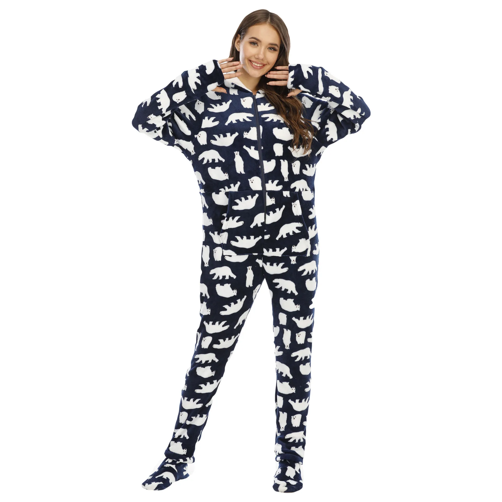 Sleepwear pijama unicornio Womens Fashion Printing Hooded Flannel Long Sleeve Onesies for Adults Kigurumi