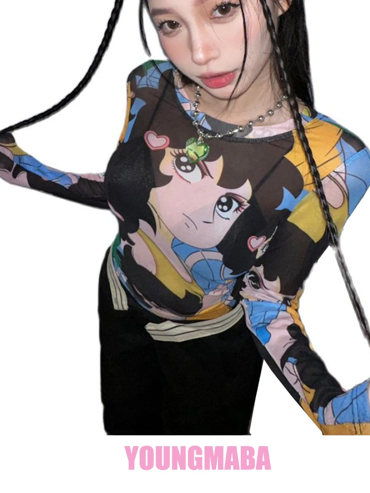 

Girls Print Cute Long-sleeved Bodycon Graphic T- Shirts Women Slim Crop Tops Streetwear Fashion Y2k