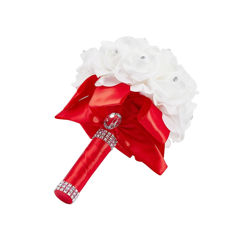 Elegant Artificial Rose Bridal Bouquet with Satin Ribbon Handle for Wedding Ceremony Decoration and Bridesmaid Gift