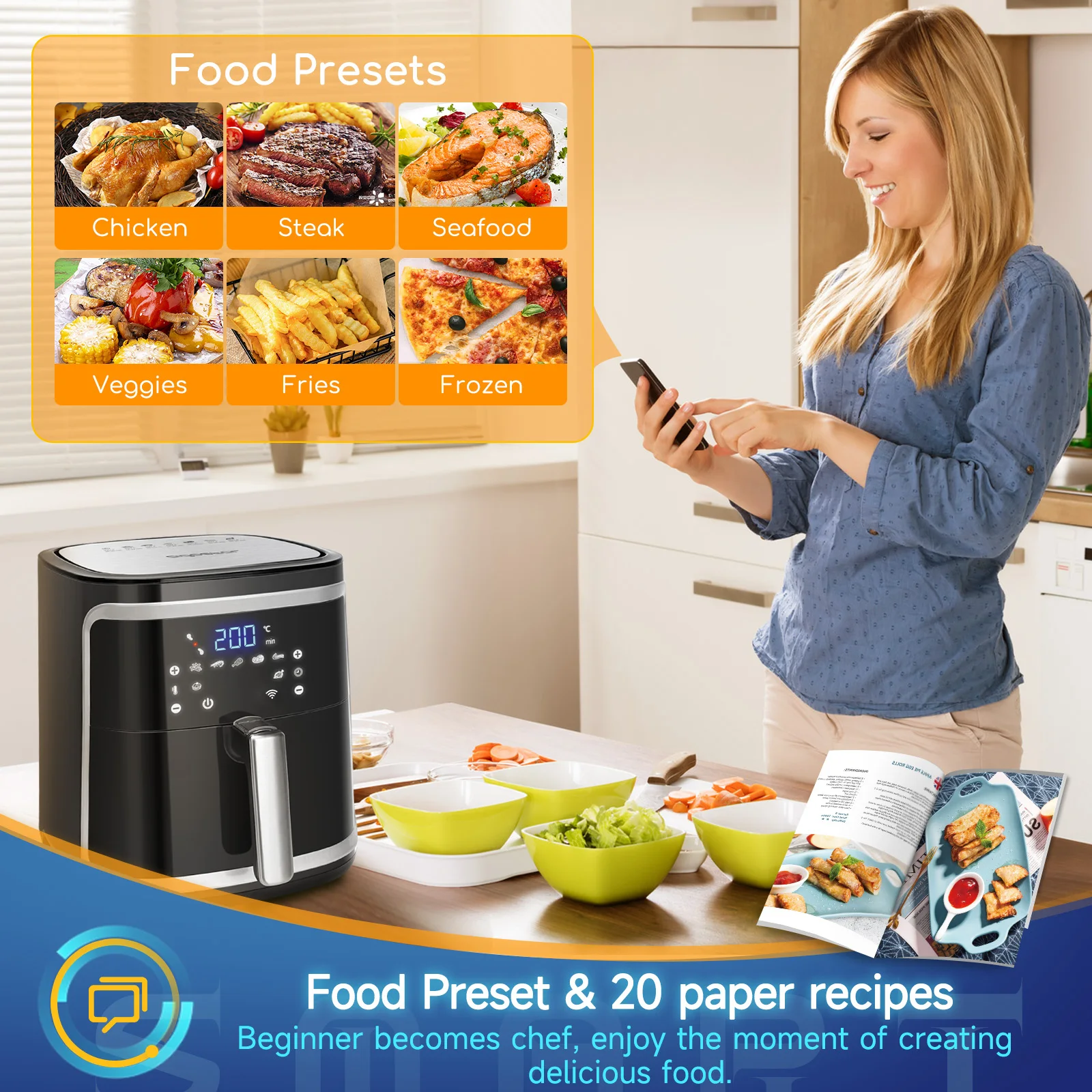 Freidora De Aire Aigostar 7L – WiFi, 1900W, 7 Programas, Con 12 Accesorios, Pantalla Táctil LED