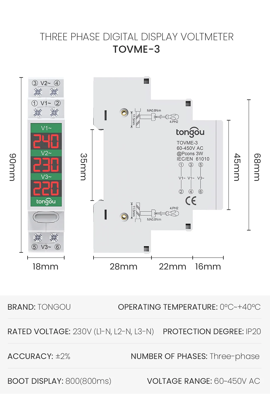 Three Phase Voltage Meter Ac 60V-450V Mini Modular Voltmeter Gauge Indicator LE