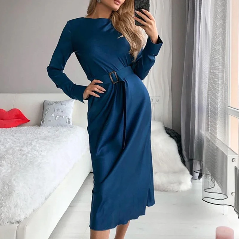 

Luxury Solid Bag Hip Party Dress Elegant Women Slim O-Neck Satin Dresses Female Chic Casual Long Sleeve Long Dress with Belt