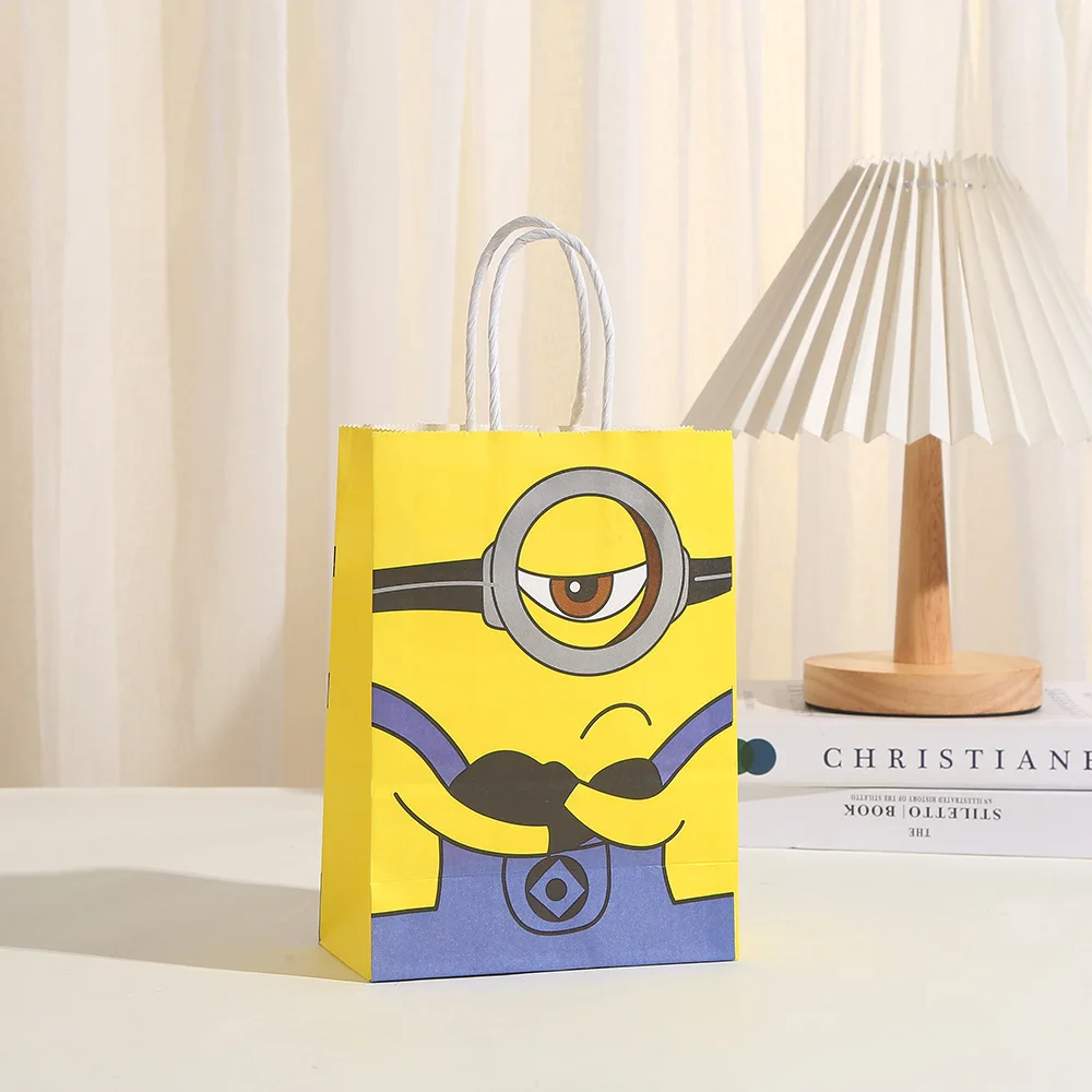 12/24pcs Despicable Me 4 Minions Birthday Theme Portable Paper Bag Cute Color Square Bottom Gift Packaging Bag Gift Storage paper gift bags