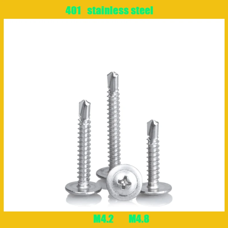 

20pcs M4.2 M4.8 410 Stainless Steel Large Flat Head Phillips Self Tapping Screws Drilling Tail Screw L=13mm-50mm