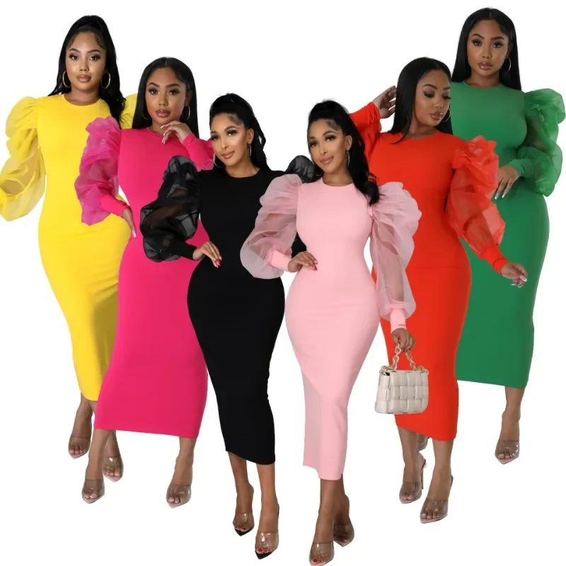 

Elegant African Dresses For Women Autumn African Long Sleeve O-neck Polyester Long Bodycon Dress Maxi Dress African Clothing