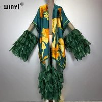 WINYI moyen-orient mode kimonos abaya dubaï luxe pour femme Sexy dentelle cardigan tenues de plage plage couvrir maxi manteau caftan 2