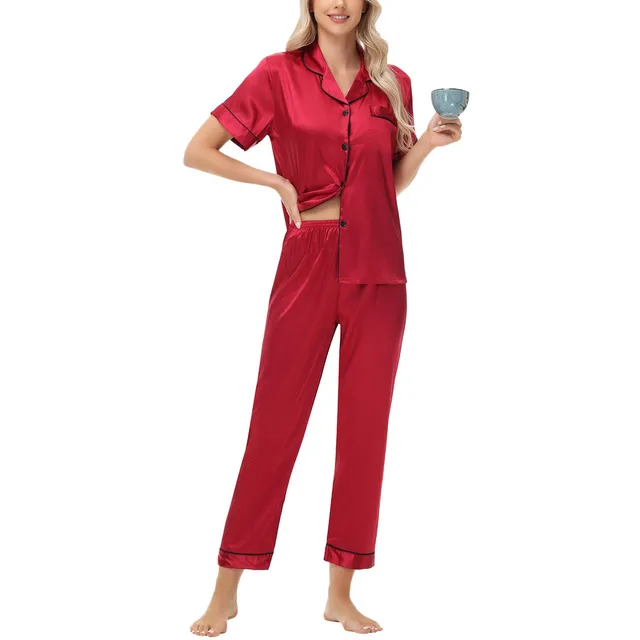 Women Satin Pajamas Cozy Lounge Set Winter Long Sleeve Buttons Lapel Top & Pants Loungewear 2 Piece Sleepwear Button-Down Pj Set 4